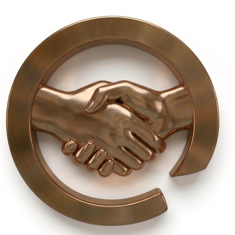 Vertrauen und Zuverlässigkeit bei Ihrer Technik-Beratung. Symbolischer bronzener Handschlag als Zeichen für Vertrauen und Zuverlässigkeit bei Digitalhilfe@Zuhause in Reken.