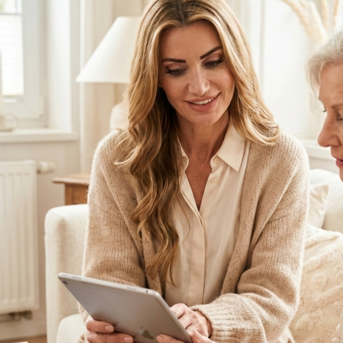 Persönliche Hilfe am Tablet – Digitalhilfe@Zuhause Katharina Laaks erklärt einer Seniorin geduldig die Funktionen eines Tablets beim Kunden zu Hause in Reken.