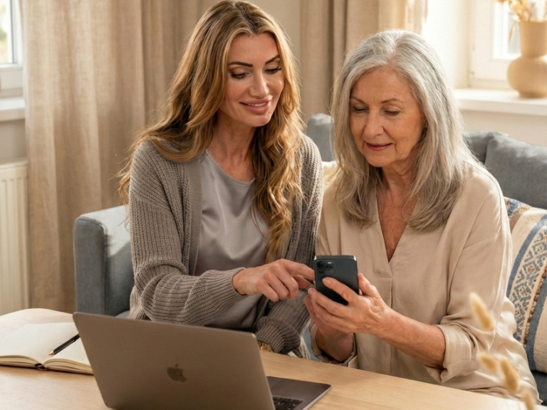 Geduldige Smartphone- & Tablet-Hilfe für Senioren in Reken. Katharina Laaks erklärt einem Senior geduldig die Funktionen eines Tablets beim Kunden zu Hause in Reken.
